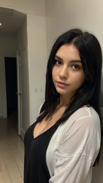 Spanish Latin Dash Brunette Woman with Long Black Hair, 33 years old, big green bright eyes, taking a selfie dressed, 