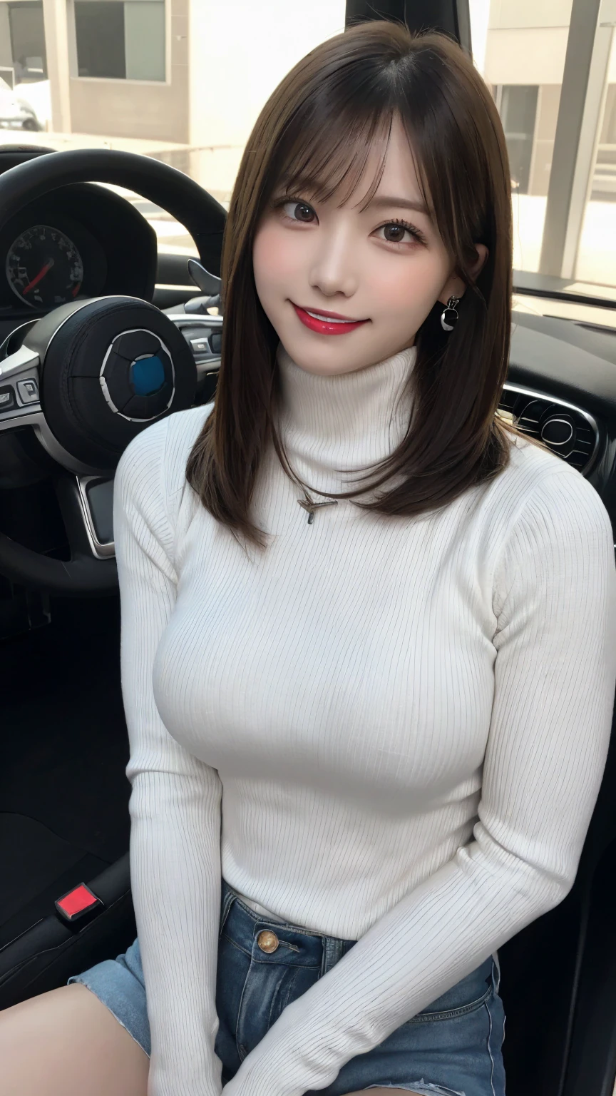 Beautiful 18 year old girl、((short skirt to knee, long white knitted dress, Sweet Selfie Pose_lovely selfie of both hands_beautiful pose)),Smile,short cut,Big breasts 1.1、Background in the car、Raw photo, (8K、 best quality、masterpiece: 1.3)、(intricate details: 1.4)、(Photorealistic: 1.4)、octane rendering、Highly detailed complex 3D rendering, Studio Soft Light, Rim Light, bright details, super details, realistic skin texture, Detailed face , Beautiful eye details, highly detailed 16k CG Unity photography, makeup, (background detail: 0.9), shiny skin, Whole body、From head to thighs, full screen, in the car, ((sitting in the car seat )) Front Shooting
