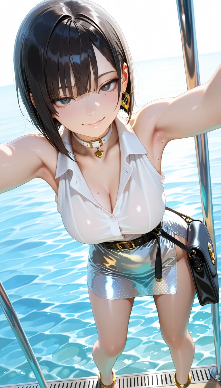 masterpiece, best quality, highres, 1girl, short hair, brown hair, tied up hair, solo, areola slip, (wearing pearl choker, (ch4in bikini:1.5), jewelry, necklace), on the yacht sailing in the middle of the ocean, shiny glossy skin:1, close-up, from above, looking at viewer, <lora:ChainBikini:0.65>, (medium breasts:1.4)