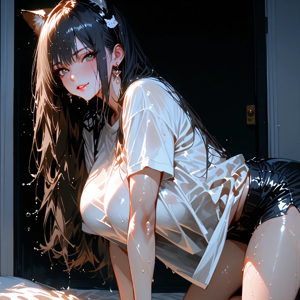 1 woman, long black hair, big black eyes, sexy, tiger teeth, white dress, bedroom, sitting on bed and taking medicine, moles under the eyes, earrings, light smile, delicate face, first-person perspective, masterpiece, high quality