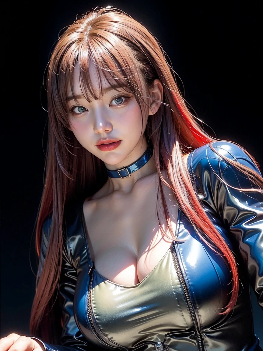 (masterpiece:1.1), (top quality:1.1), Whole body, short hair, good anatomy, lock of hair, (1 girl:1.2), (detailed face and eyes:1.25), long scarlet hair, Two thick braids,Brown eyes, facilitates ,( skintight suit), big breasts,split:1.2), blush, I&#39;m looking at the viewer, mature woman, sidelocks, tatibana kyoka,, sitting, Elysiumchar, Oil painting,  
