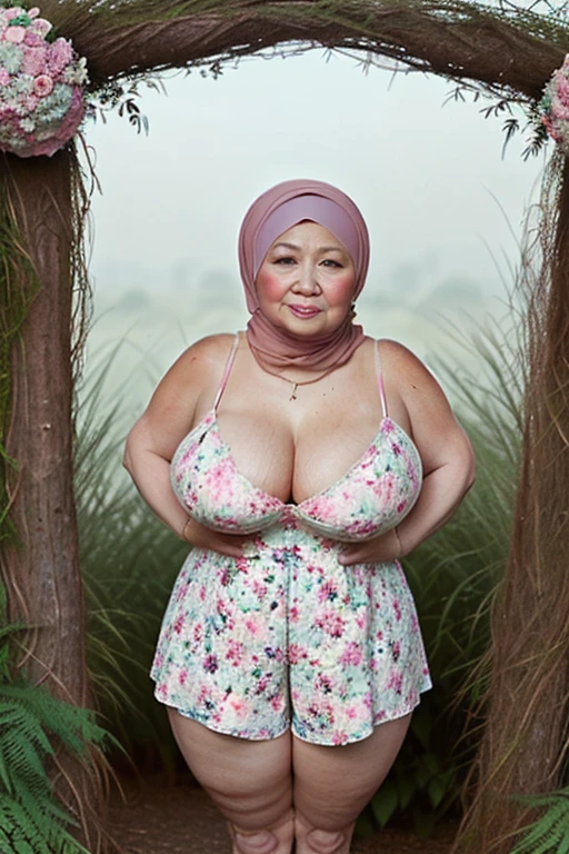 (((56 Years old, Indonesian mature woman))), ((Rich Beauty Sugar Granny)), ((wearing Wide Hijab, perfect Mature body)), (((natural Gigantic breast))), gorgeous eyes, Soft smile, wear a Lace Gamis, Tight Gamis, Diamond Necklace, ((Breast Through at her Clothes)), Nightime walk, Excellent Soft light.