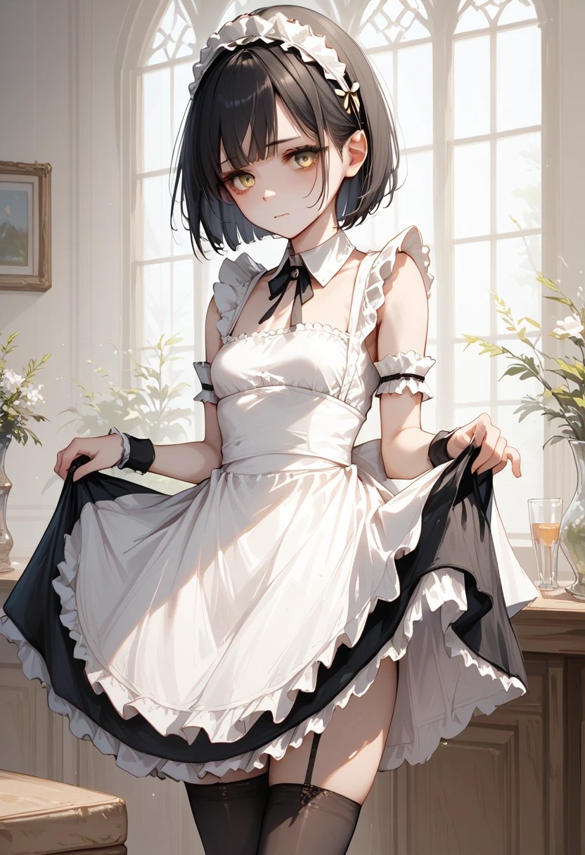 (((masterpiece, highest quality))),cowboy shot,20 year old beauty, solo,((very small head)),black hair,short hair,center parted hairstyle,forehead,black eyes,blush,smile,medium breasts,((very long body,slender body)),skinny,gleaming skin,oily skin,(maid dress、French、mini skirt、white_thighhighs),Garden of the old mansion、Old big mansion、Natural light、