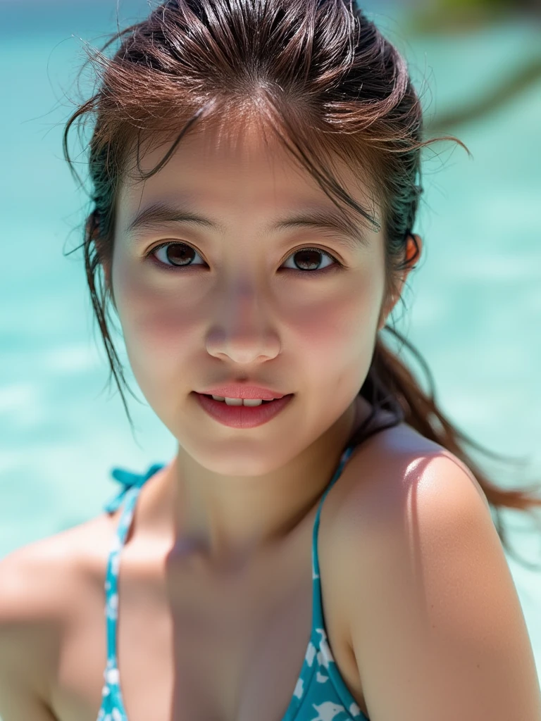 Focus on the face of a cute high school girl in a swimsuit