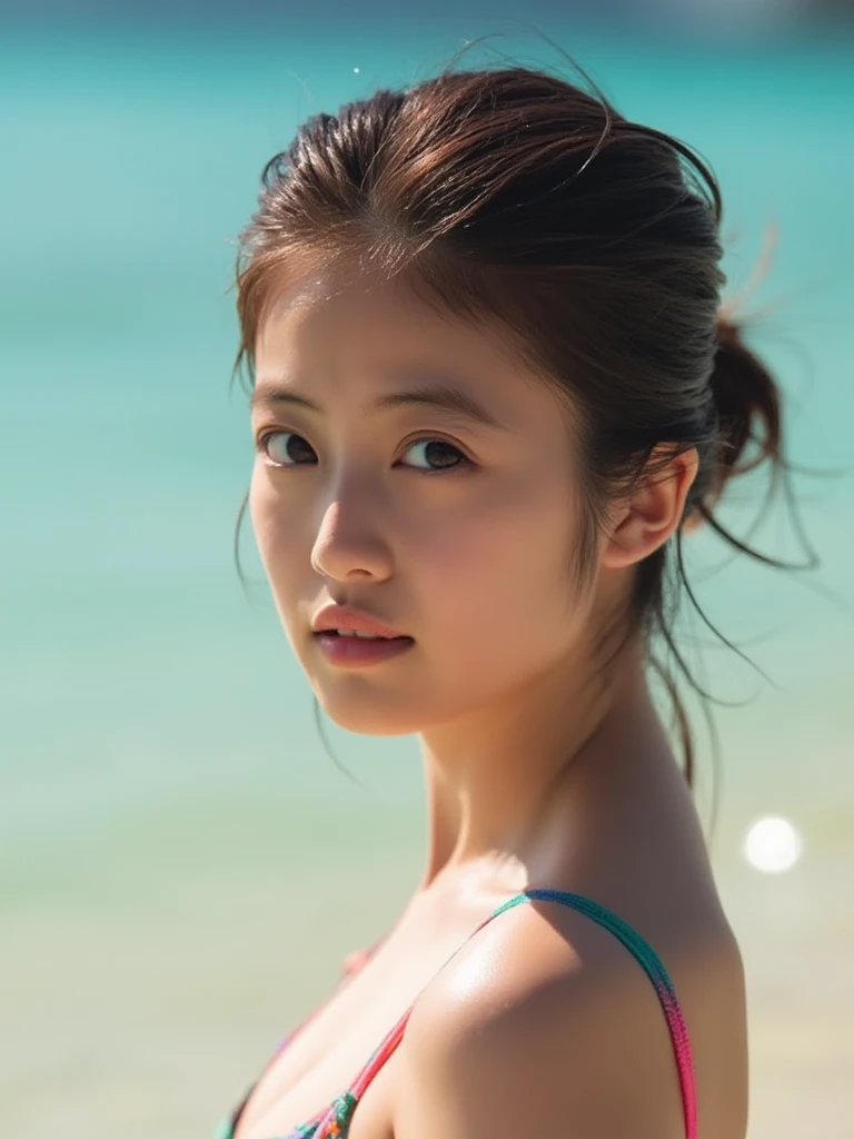 (Summer beach、Seaside、standing by the beach:1.2、Resort、blue sky、Beautiful sea)、(White T-shirt、white over swimsuitTWearing a shirt:1.4、Shorts:1.3、flip flops)、the wind is strong、(Realistic、Like a photograph、Live Action、8K, Realistic, RAW Photos, Best image quality: 1.4), Single-lens reflex camera、RAW Photos, Highest quality, Realistic, Highly detailed CG Unity 8K wallpaper, Written boundary depth, Cinematic Light, Lens flare, Ray Tracing, Realistic background、((ultra high density skin))、 A teenage girl traveling in Okinawa,Cute Japanese、whole body:1.5、Super detailed face、Kissing Face、Facial expressions that want to kiss),avert your eyes:1.1、(Straight Long Hair:1.2、My hair flutters in the wind:1.1)、I like that style、stylish、Very detailed、Pay attention to the details、Perfect outfit、(Sunburned skin)、View from the front、Accurate hands、Accurate legs、Detailed hands and fingers、Anatomically correct body