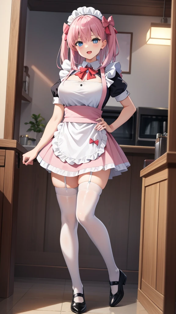 high resolution), (In 8K), (detailed), (best illustration), (美しいdetailedな目),(美しいdetailedな顔), fair skin、very beautiful skin, (pink hair), (pink eyes)、(1 18 year old female), (solo), (detailedな目, pale shiny skin, glossy lips, face lighting), (big breasts),(thin thighs), (thin slim waist), (Shy smile),western castle、Cooking dishes、裸apron、白いapronドレス、lots of frills、white headband、black garter belt、white long stockings、apron、back view、turn around、beautiful back、big ass、big thighs、Buttocks exposed、Beautiful waist、beautiful waist、
