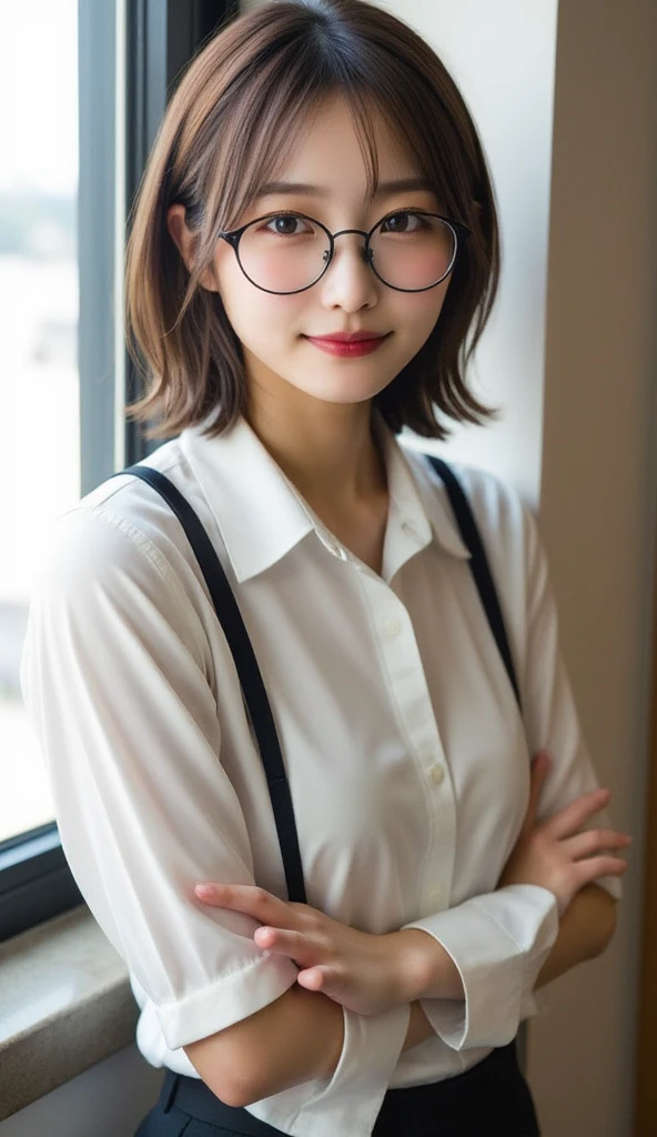 Top image quality、超A high resolution、masutepiece、Photoquality(photographrealistic:1.8)、Delicate skin texture、accuracy、Japan women、17 age、Girl Smile、A dark-haired、Cute dimples、Non-makeup、Hair to the nape、straight haired、Boyish girl、Black-rimmed glasses、I am an honors student、Slender girl、Smaller chest、Flat-breasted、laugh face、Have a good laugh、Look straight at me、hi-school girl、White short sleeve blouse、White shirt with collar、Unbutton the front of the shirt、Showing white underwear、Dark blue box pleated skirt、Exposed shirt hem、 By the window of the classroom、Outside the window is a playground、Put your feet on a chair、Kneeling、laugh face、Have a good laugh、Facing the front、reflective light、