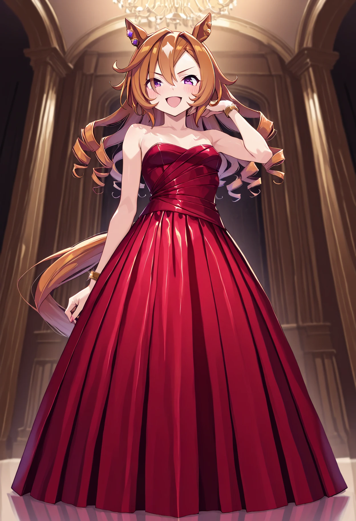Nami from one piece wearing red ball gown in a gazebo, standing with one hand on jer hips and other is holding a glass of red wine, masterpiece, illustration 0.8, outfit 1.6, face 1.1, perfect anatomy