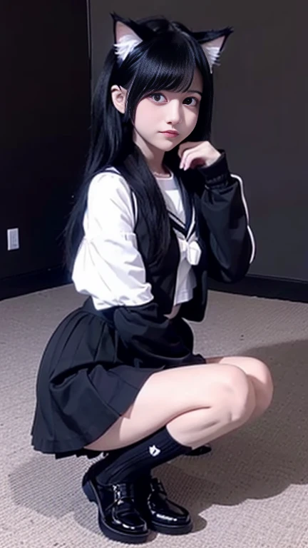 long hair、ponytail、black hair、beautiful、sailor suit、、thick legs、white skin、mini skirt、high school student、big eyes、natural face、Heavy bangs