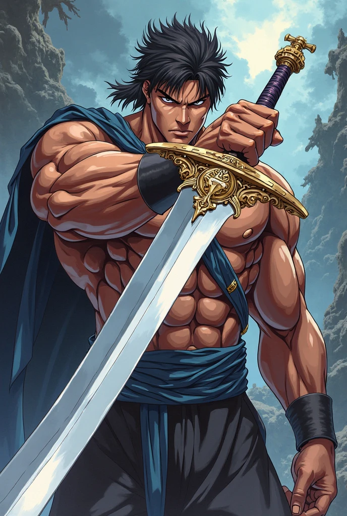 Huge muscles,((Huge erect penis)),Ashton,Robe,Two Dragons,紫のRobeに青いマント,Black Bandana,Her hair is chestnut brown and medium-long and straight.,Carrying a sword,,Face enduring pain,宝石の装飾がついたRobe留め