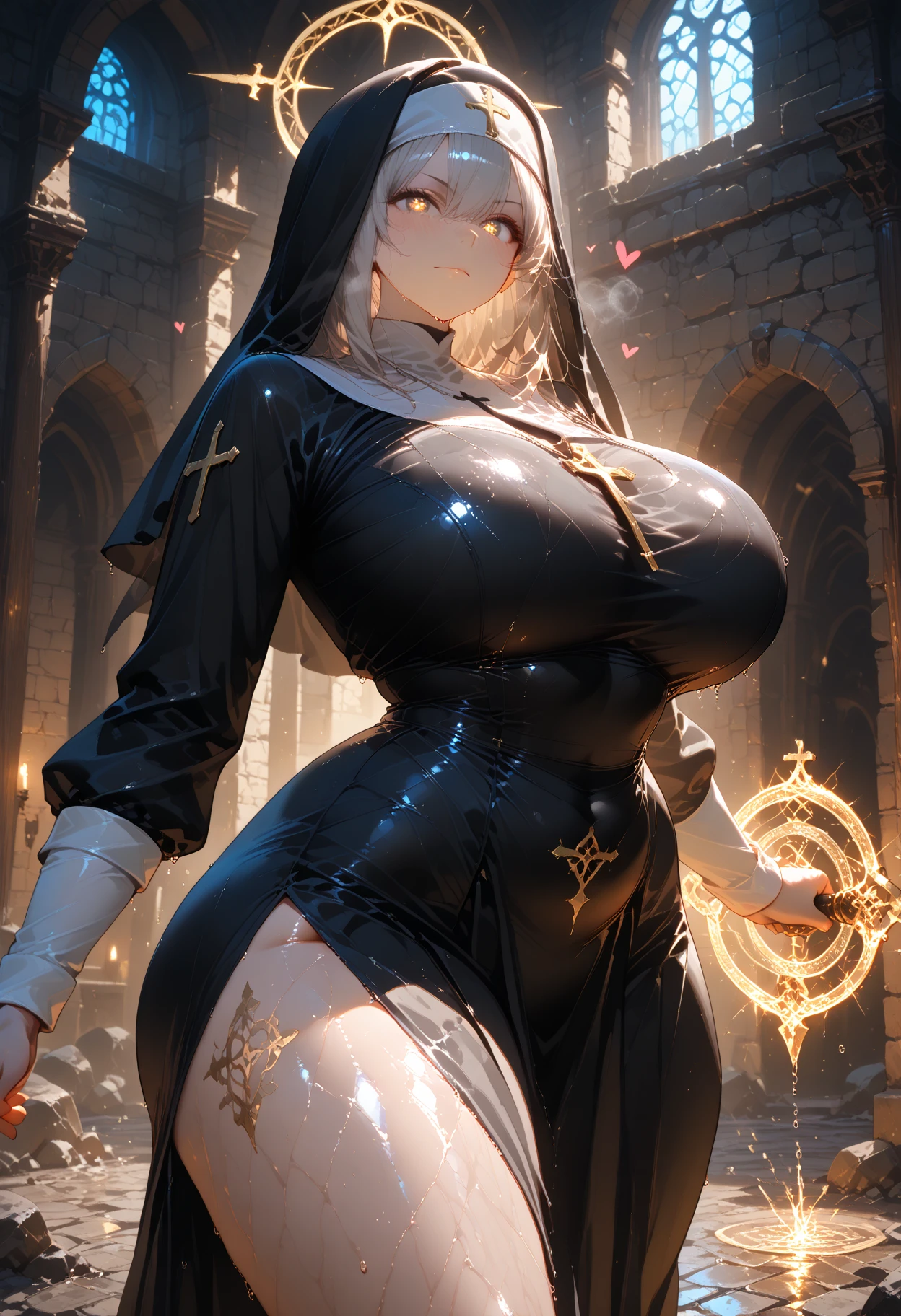 beautiful and aesthetic, masterpiece, young_girl, ((bavarian_church)), (((enhanced_gravity-defying_orb-shaped_huge_breasts_slightly_attached_to_delicate_chest))).
Outfit: (((nun_habit))), ((fabric_clings_body)), ((shimmering_silver-golden_cross-lace_trims)), ((_pearls_and_gemstones_adorn_the_fabric)), ((neckline_plunges_daringly_low)), ((white_stockings_under_habit)), ((transparent_veil_wraps_around_her_body)), ((silver_belts_accentuating_waist_and_chest)), ((provocative__clinging_habit_skirt)), (red_high_heels).
Appearance: (golden_locks_hair), ((striking_indigo_eyes). (smooth_alebastre_hue_skin).
Body: (tall_and_statesque), (divine_beauty_and_grace), ((ultradetailed_graceful_facial_features), (exaggerated_ultrapronounced_ultrahourglass_body_shape), (thin_slim_toned_waist), (long_toned_slightly_muscled_limbs), (perfect_physical_shape), (perfectly_sculpted_body), (perfect_bodyshape_balance). (round_firm_buttocks), (slender_yet), (voluptuous_curves), (jaw-droppingly_curvaceous_silhouette), (roundness_and_firmless), (lfawless). (epitome_of_sexual_allure), (toned_legs),
Breasts: (unrealistically_gigantic_K-cup_enhanced_breasts), (breasts_likened_to_two_massive_spheres), (massive_balls_of_breasts_project_outward), (exaggerated_breasts_size_and_pronounced_curvature), (colossal_breasts_spheres_sit_a)top_the_chest), (((upper_curvatiue_of_breast_unrealisticly_round_creating_pronounced_exaggerated_semisphere)), (colossal_bolted-on_breasts))),
beautiful and aesthetic, masterpiece, girl_with_enhanced_gigantic_breasts, unrealistic_breast_shape, ((unparalleled_level_of_breasts_plumpness_and_roundness)), ((pronounced_exaggerated_spherical_breast_shape)), (orb-like_breast_shape), ( little_?????_nipples),(perky_breasts_sticking_out_from_delicate_chest),Detailedface,Enhance,Realism