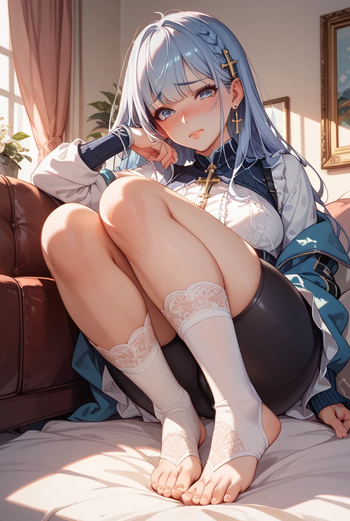 Character Details:, - Gender: 1 Girl.
- Style: Anime, - Body Type: Attractive body, slim body, nice legs, slim tights, nice arms, nice shoulders. - Breast: (Small Breast:1.1), (Cleavage), (Nipple:1.1).
- Facial Feature: Beautiful, Gorgeous, Teenager, Fresh, Young.
- Expression: Shy, Smile, Pink Blush on Face, Sexy Eyes, Sexy Look, (Sweating:1.4), Innocent Look, Tipsy. - Hairstyle: Blunt Bangs, Long Hair. - Hair Color: (Light Blue Hair:1.5), (Messy long Hair:1.3),
- Clothing: (Light Brown Sweater:1.6), (Off-Shoulder:1.3),. - Body Pose: (crawling:1.4). - Behaviour: Waiting, Want Something, Secretly.
- Accessories: Earrings, No Hair Accessories, Environmental Details:, - Setting: Bed Room., - Lighting: Natural Light., - Decoration: Modern Bed, Chair, Window, White Curtain, City View. Top view. pov, anime style, UHD, retina, masterpiece, accurate, anatomically correct, textured skin
