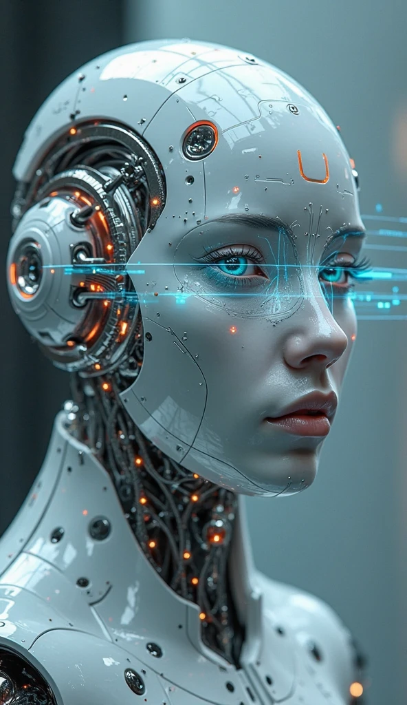 Electronic system on humanoid head |cyborg woman| with a visible detailed brain | with a visible detailed heart| fios de cabo de músculos| biopunk| cybernetic| cyberpunk| full body| Canon M50| 100mm| sharp focus| slick| hyperrealism| Highly detailed | intricate details| Sculpted by Michelangelo