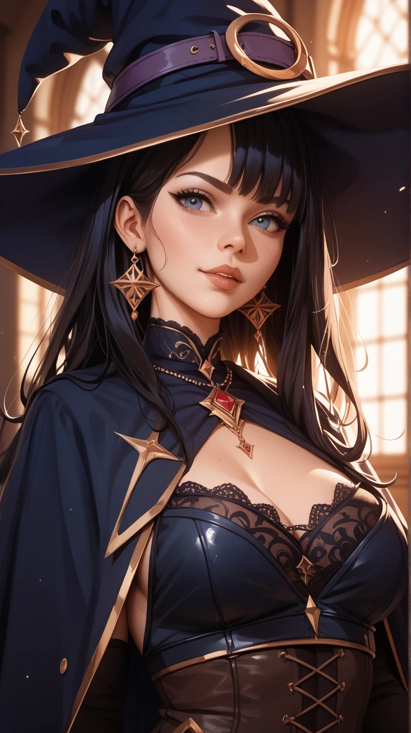 Beautiful sexy witch, 20 years old, emphasizing her collarbone