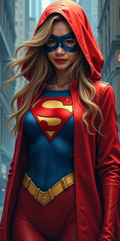 The character Supergirl , perfect costume in the red and blue colors, extremely beautiful blue eyes, gorgeous blond hair