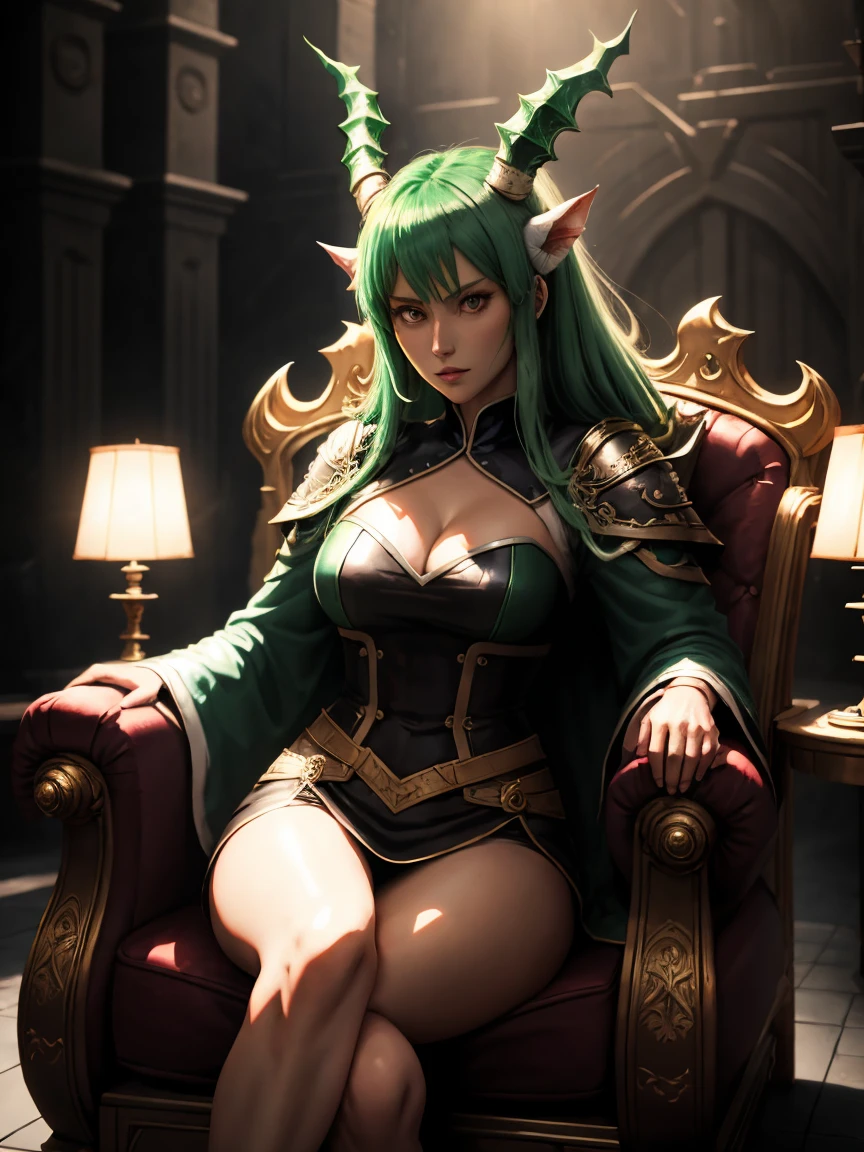 goblin girl queen sexy in outfit, gold Crown, SITTING ON A THRONE
