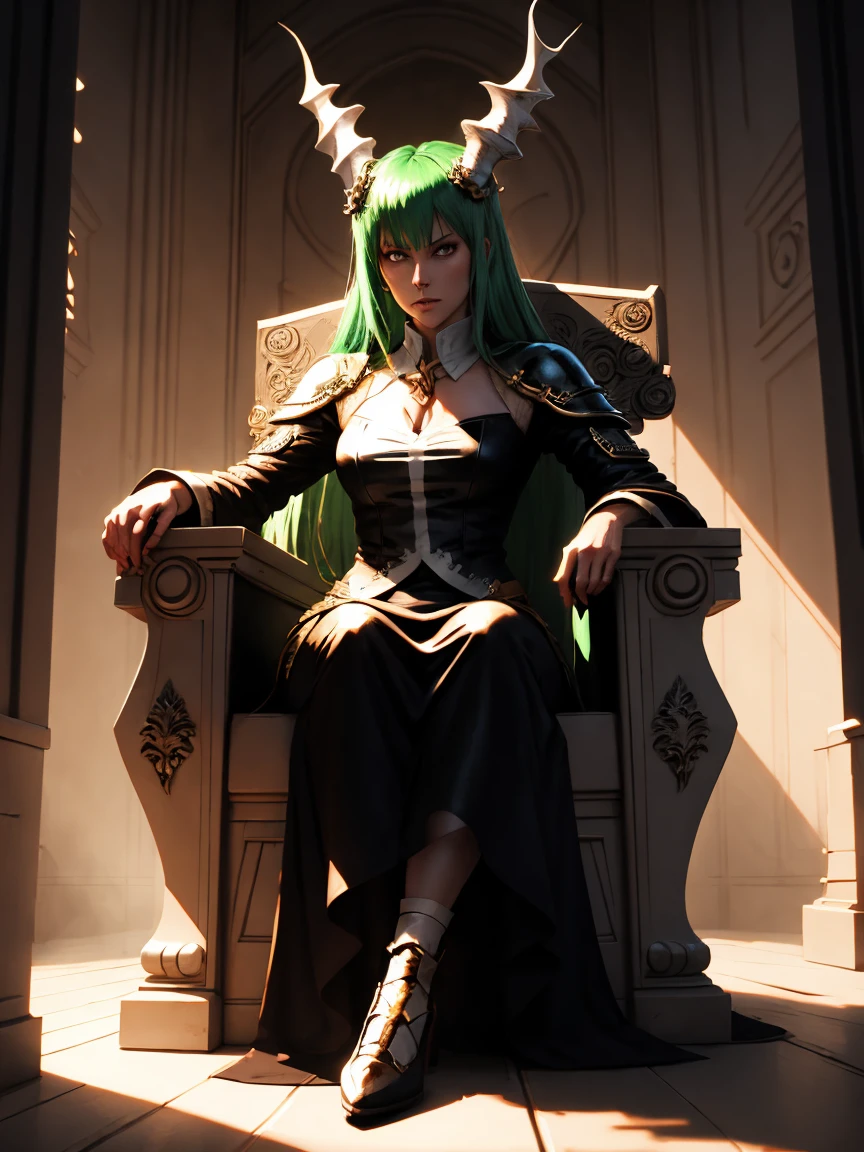 Queen chrysalis, crown, black dress with holes, evil green eyes, smirk