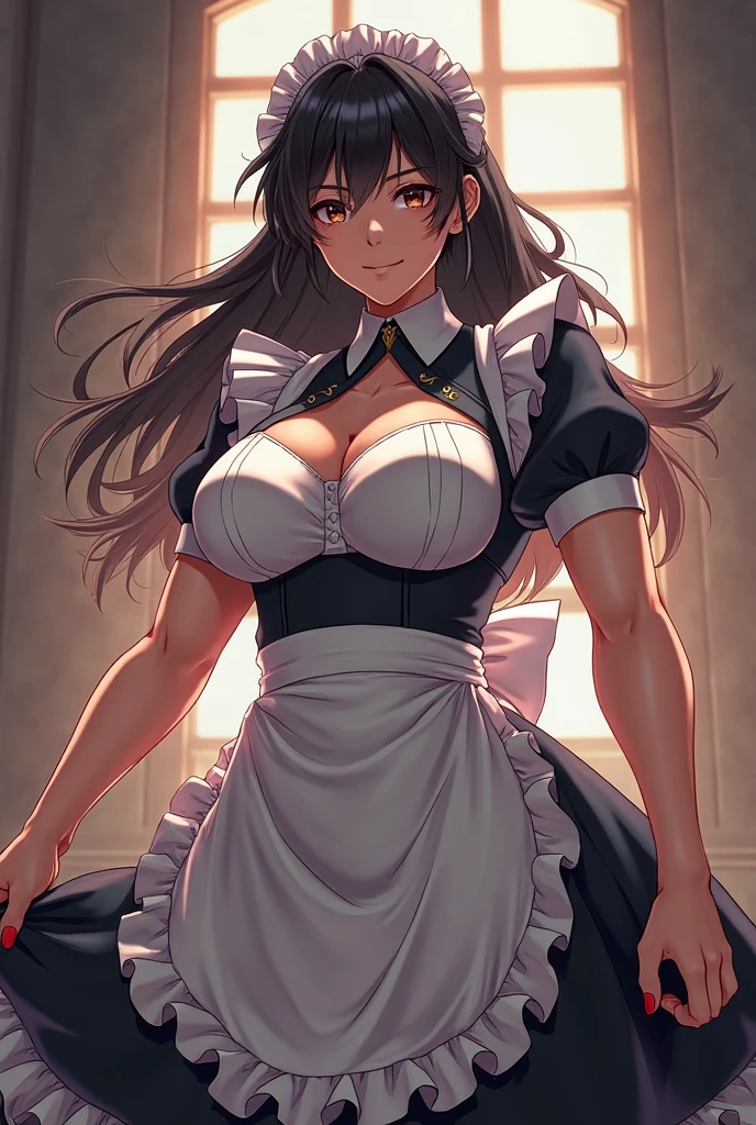 (isade), (1 girl), (super sexy mature body of 20 years old),(loli appearance:1.5),(pretty: 1.5), (super hot: 1.5), (dark skin: 2.0), (long dark purple hair and dark purple eyes), (Super mega giant breasts: 1.5), (Height 1.76),(beautiful young woman),(super beautiful 18 year old teenager),( wearing),+,(\dressed as a maid, and maid clothes and super revealing on the back, I lowered the short skirt a lot, showing my legs, and a little of my panties, and the part of the apron at the back of the skirt is very low, showing her delicious buttocks, and over the maid uniform it looks like a very short and sensual bra, and she has a big ass and super big breasts, she is super busty and has very big buttocks)/