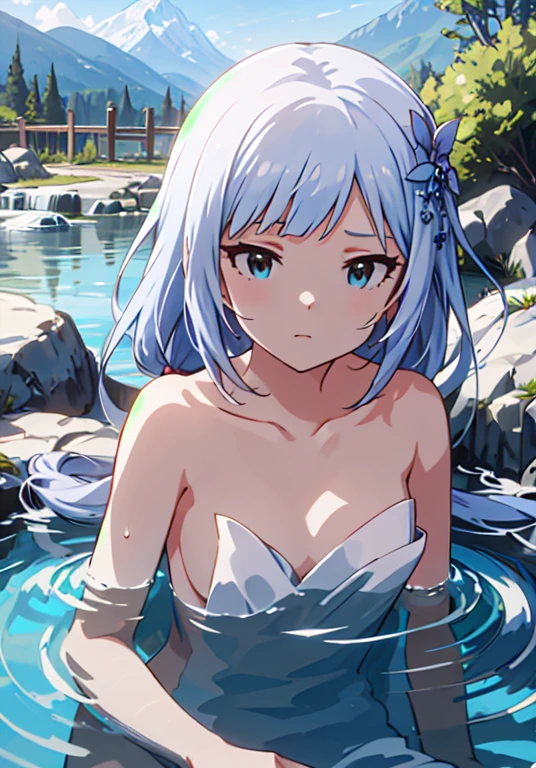 A very beautiful girl taking a bath in an open-air bath, pink skin, brown eyes, blue hairs, detailed face detailed body, realistic model, ighly detailed, nature scenery, CGI, 8K分辨率,
