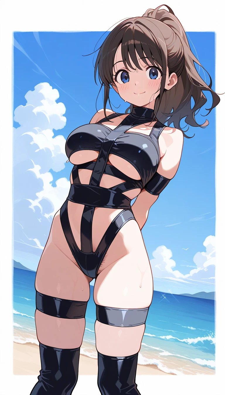 1.5),(girl),(Dynamic pose),Brown Hair,(Vermilion eyes),(first round),Big Breasts,Swimwear