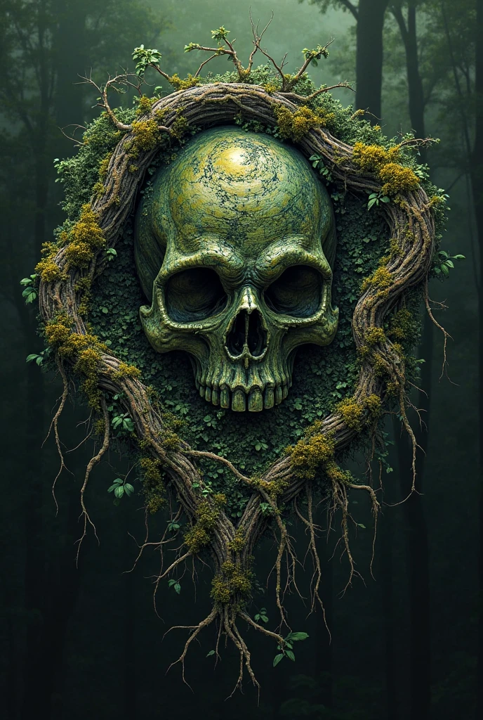 (Best image quality, 4K, 8K, high resolution, masterpiece: 1.2), Extremely detailed, Practical: 1.37, Metal skull head close-up, An altar made of abstract twisted tree roots,Pulling a very large (Mysterious skull made of metal), Glowing eyes, There's a creepy waterfall above the skull, (rainbow, rainbow around the skull), Energetic, The circular composition demonstrates the role of various structural forces, Solitary, (Steampunk decorative elements, gear, and other elements). pointer, Chain wonderful decoration combination,