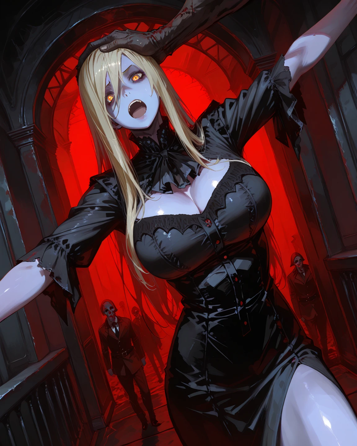 A terrifying and surreal masterpiece, highest quality, Thrills and chills, Super detailed CG Unity 8k wallpaper of scary apparition, Two Ghost Ladies, Emerging from a TV screen filled with static electricity, Unforgettable and eerie scenes, dark and creepy, Shadows and flickering light, Realistic and amazing details, Enough to send a shiver down anyone's spine.camel toe、huge tit、nipple puff、cleavage、claw、Plump、Super big breasts、super big butt、horror、ferocious、Group photo、multiple