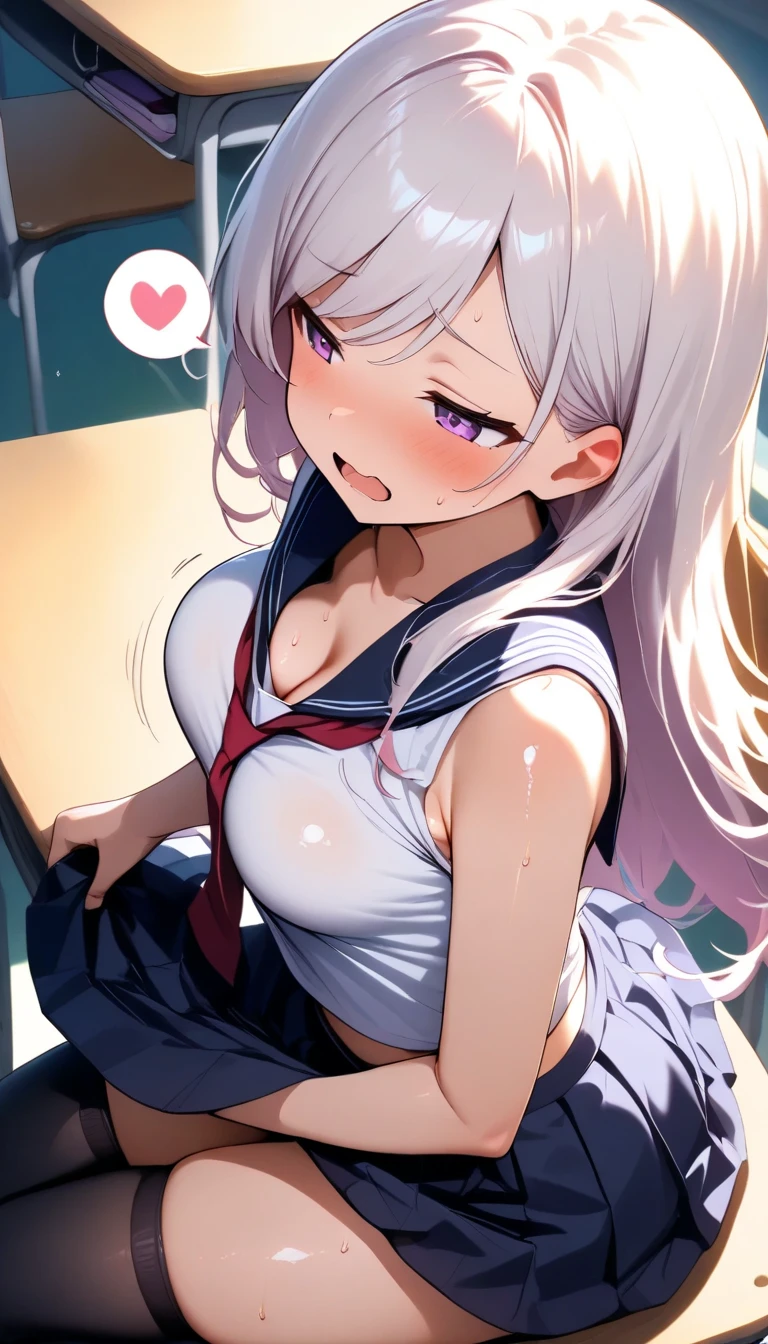 Highest quality, Super detailed, masterpiece, Ultra-high resolution, 8k, High Contrast, Cowboy Shooting, Embarrassing, blush, Lovely, With tears in her eyes and her mouth open, drooling, wet, soaked, arms behind head, wariza, 1girl, shimakaze \(kancolle\), kantai collection, medium breasts, (off-shoulder white shirt, micro mini skirt), (cleavage out), crop top navel, Waistline, (Shower room, I take a shower), from above