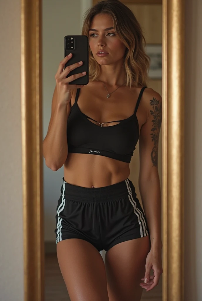 femme d'ethnie colombienne avec des cheveux blond bouclés et des yeux marrons avec une taille fine pas grosse mais avec des seins et fesses gros habillée avec un mini short en jean et un maillot de foot du brésil et des claquette Nike qui se tiens debout devant une épicerie la nuit photo ultra réaliste