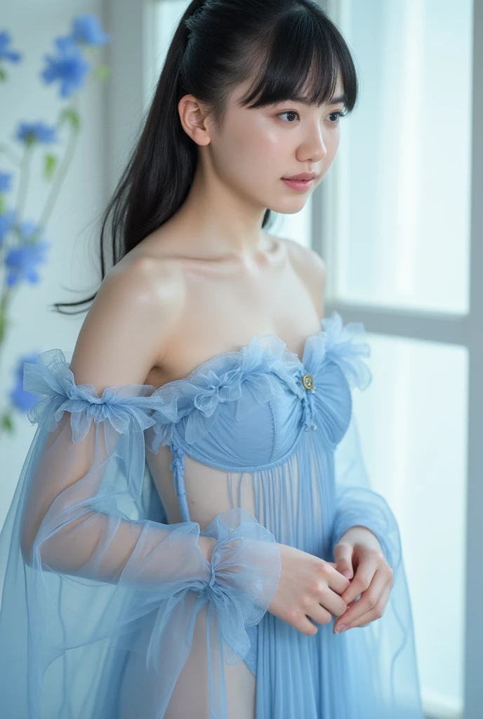 ((((highest quality))))、(((Ultra-precision CG16K wallpaper)))、(((masterpiece)))、(((Super detailed)))、(((super extreme details)))、1people's women、mature woman、24 year old woman、((Japanese face))、((very beautiful face))、((Mai Shiraishi:1.5))、((straight shoulder length hair))、(shiny brown hair)、bangs up to eyebrows、beautiful brown hair、beautiful delicate eyes、brown eyes、raised eyebrows、high nose、small nostrils、small mouth、seductive lipouth slightly open、beautiful breasts、((C cup size breasts))、cleavage、plump body、(Chubby body type)、perfect proportions、perfect anatomy、perfect composition、beautiful detailed shading、beautiful natural lighting、beautiful detail glow、Depth of the bounds written、(((High chroma)))、(((real:1.9)))、((vivid:1.5))、((edge:1.6))、((beautiful skin))、((skin texture))、((realな皮膚感))、(((cowboy shot、Thigh:1.5)))、((Angle seen from the front:1.5))、((smile:1.4))、(Eyes looking at me:1.5)、Bright daylight、(((Birch forest:1.3)))、(model pose:1.5)、(((Light blue color tulle mini dress clothing:1.6)))、((earrings、wearing necklace:1.2))、
