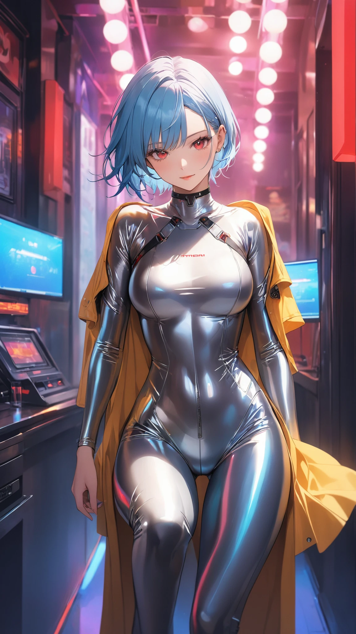 Office work, Girl, dark skin, 30 years old, full bust, firm ass, slim waist, assymetrical short blue hair, clear blue eyes, sensual lips,