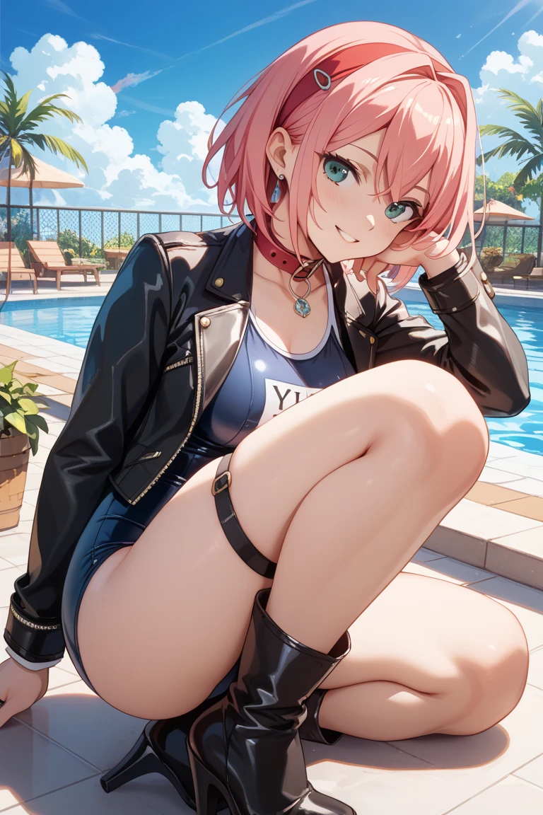 NSFW,masterpiece,Highest quality,High resolution,Very detailed,Helena Blavatsky\(Fate/grandorder\)、Purple Hair、short hair、(Purple eyes:1.1),bikini,Small breasts,beach,Palm tree,Rock Shade,Beach parasol,(Embarrassed),(Lustful face),(Frustrated face),blush,Girl sitting,Spread your legs