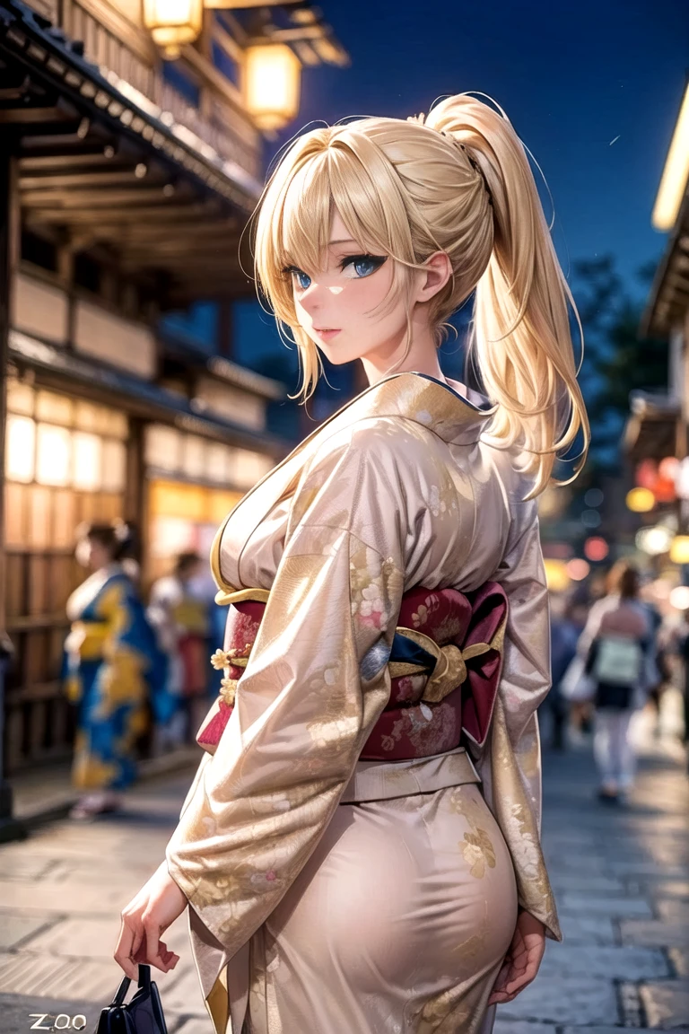 masterpiece, best quality, highres, 1girl, blonde hair, medium hair, asymmetrical hair, floating hair, hair between the eyes, high ponytail, side locks, hair ornament, fish hair ornament, tassel, kanzashi, bangs, orange eyes, open mouth, smile, teeth, upper teeth only, choker, red choker, pendant choker, butterfly choker, clavicle, tattoo, chest tattoo, flower tattoo, cleavage, medium breasts, thighs, bandages, Bandaged leg, Sarashi, Budget sarashi, Chest sarashi, Black sash, hadanugi dousa, houkisei, japanese clothing, kimono, kinchaku, obi, obiage, obijime, orange kimono, bag, patterned kimono, rope, sash, shimenawa, short kimono, single bare shoulder, vision (genshin impact), east asian architecture, cherry blossoms, full body, arms behind head,