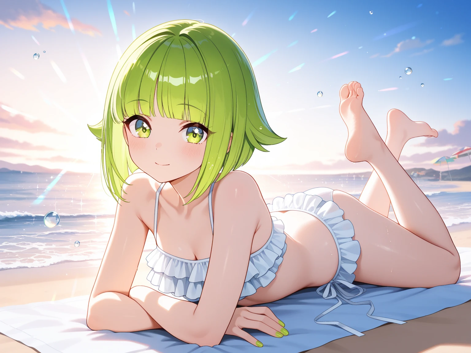 (((Medium Small Tits))) . ((Beautiful Body)) . ((Full Body)) .  A young woman, Tatsumaki of One punch man, short hair, serious look, full body, ((green bikini)), rounded ear, on the beach next to a palm tree, sunny day, by Yusuke Murata . anime, manga, 8k quality, natural light, hyperdetailed, unreal 5, highly detailed, volumetric lighting, sharper detailed background, hair falling on the shoulders better done, detailed eyes, detailed hair, detailed clothes, detailed body, cleaner designs, better shadow play, refined armor, shiny eyes, more detailed hands, shiny objects like jewels, firmer shapes, full screen, detailed face, see creases on clothes, harmonious background, shiny hair, in far view the more detailed eyes, better position of arms and hands, more rounded eyes transparent liquid globular, background anime manga drawing, more pronounced colors, more coherent clothing, correct the features of the clothes, arm well aligned, better fingers, magic effect, muscle, perspiration effect, beautiful legs, beautiful hands, ears better done, better eyes contour, pretty arms, pretty feet, same eyes color, coarser line, (black line: 2.0), harmonious look, harmonious body, harmonious finish,