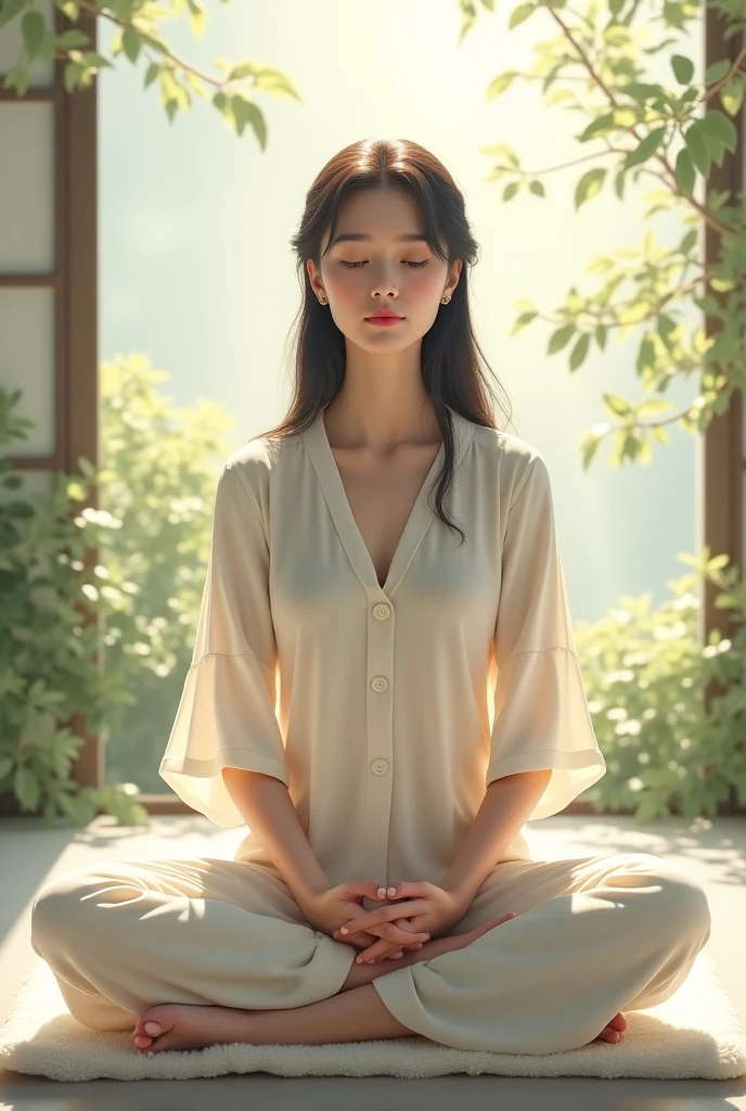 **background**:Digital Detox Retreat、A natural environment where you can avoid using your smartphone
**woman**:Long Hair、リラックスしたアウトドアスタイルを着たwomanが、meditating on a yoga mat
