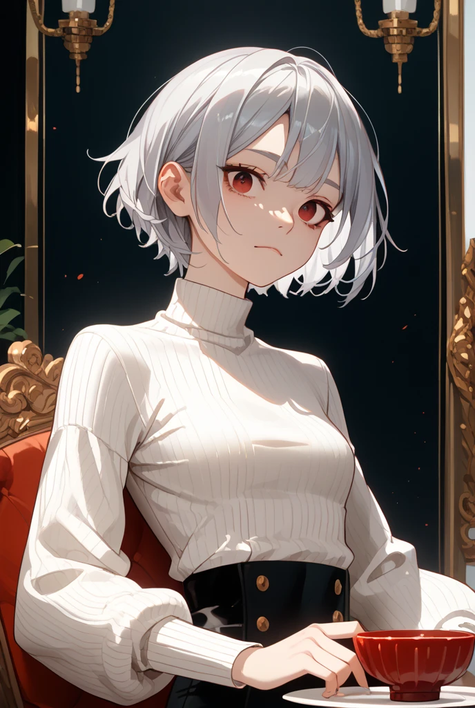 (Highest quality, High resolution, Very detailed), Silver Hair, Super short hair, Reddish brown eyes, sweater dress, lace ?????, ?????????????, 24th generation, Beautiful woman, mature, quiet, Calm, A small smile, ruins,