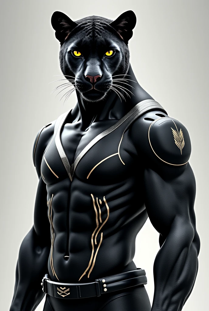 A majestic scene unfolds: Marvel's iconic hero, the Black Panther, stands proud, his chiseled physique a testament to his Wakandan heritage. However, instead of his usual human visage, he sports the regal head of a Maine Coon cat, complete with majestic whiskers and piercing feline eyes. The shot is framed against a vibrant, technicolor background, with bold lines and geometric patterns echoing the Black Panther's suit. Soft, golden light casts a warm glow on his fur, while the composition emphasizes his powerful stance and the subtle smirk playing on his feline lips.
