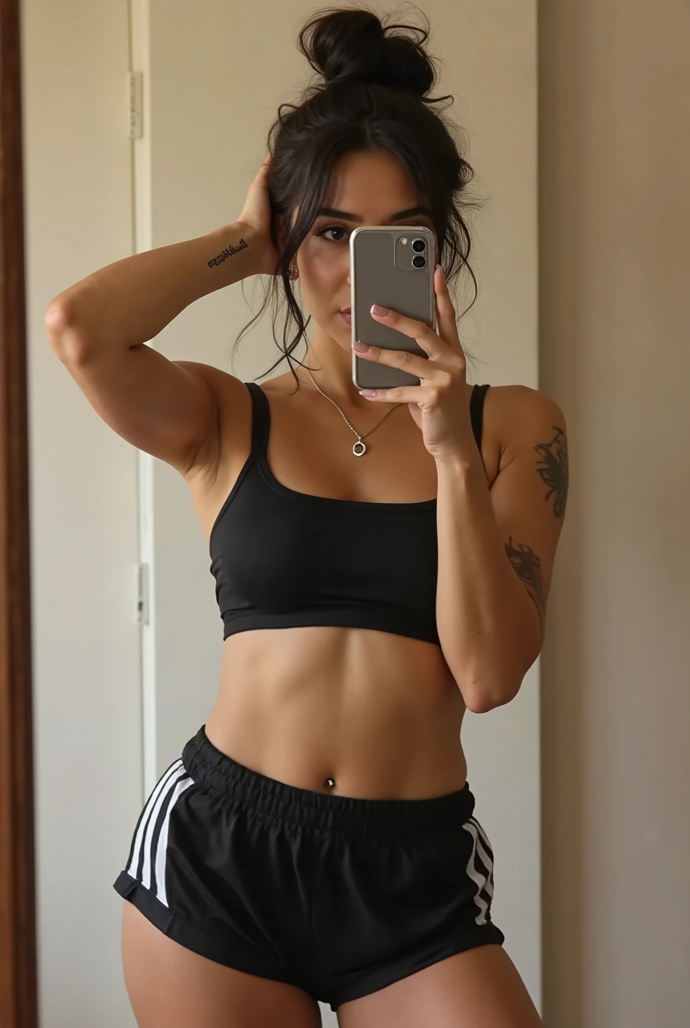 (masterpiece, best quality), 1girl, black sport bra, orange yoga pants, black ponytail hair, holding phone to take a selfie, black nails, necklace,