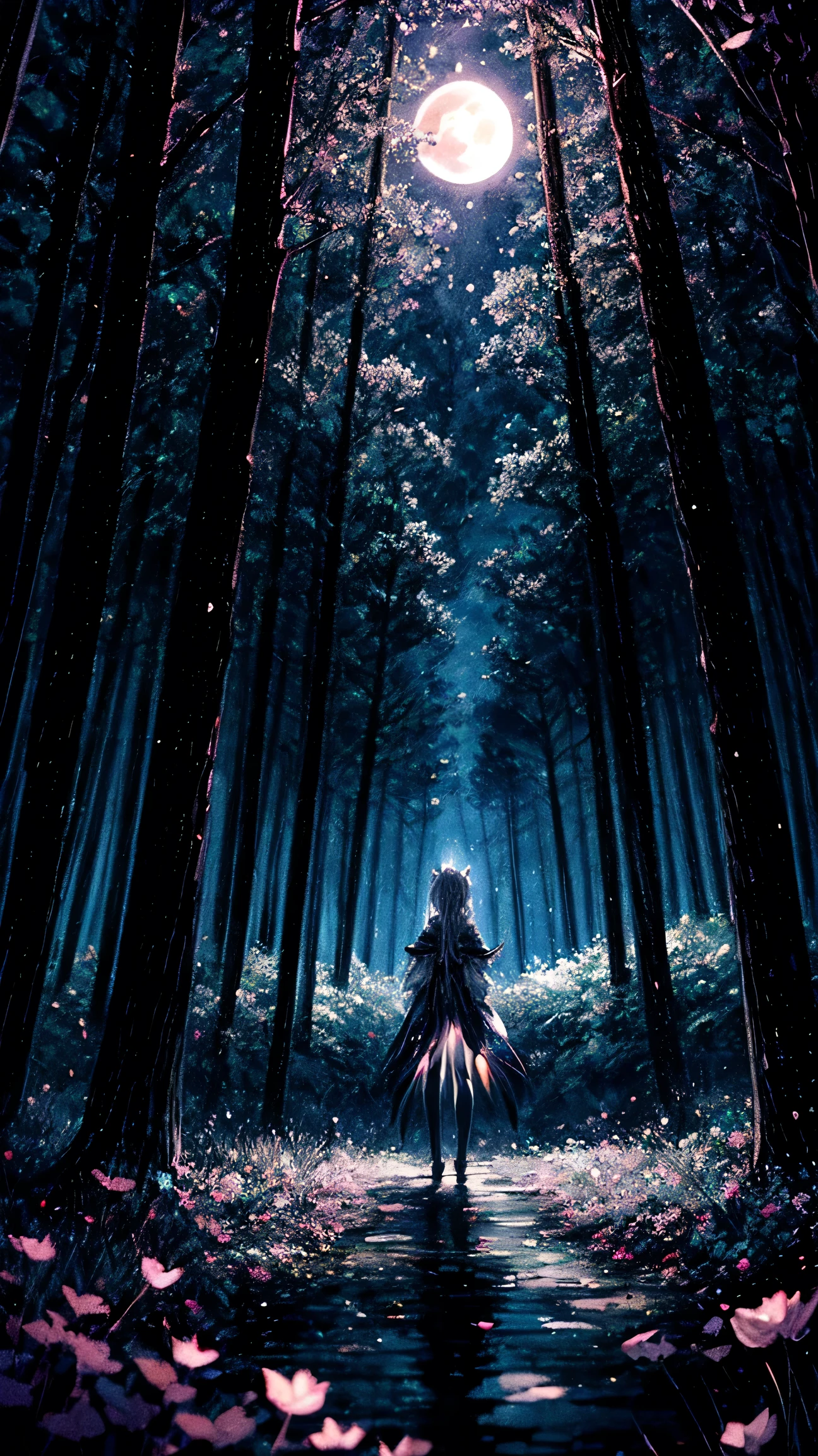 Magical midnight forest in anime style, with glowing flowers, fairy lights, and a luminous moon casting a soft glow. The cool, mystical tones create an enchanting ambiance, complemented by twinkling stars in the sky. The scene is serene and otherworldly, with no human figures.