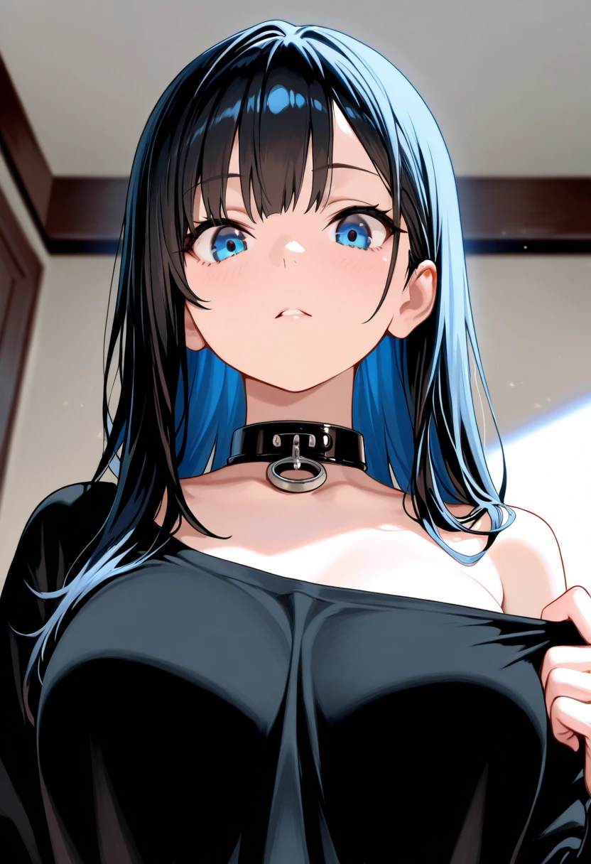 1 girl, long black and blue hair, blue heterochromia, red heterochromia, black cat ears, sad expression, crying, tears, slave collar, huge breasts, visible breasts, exposed breasts, visible nipples, exposed nipples, chained, chains, naked.