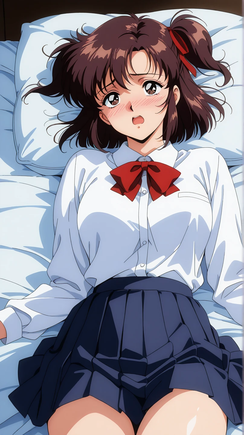 (masterpiece, Highest quality), (High resolution, detailed,retina),Fine grain、Anatomically correct,Accurate drawing,detailed図,Sense of luxury, anime,1990s、Cel painting、 kodachi kuno, break, alone: 1.2, (Brown short-sleeved school uniform: 1.5), Baggy tops:1.2, (Side Tail、Disheveled Hair, Voluminous Hair), (Beautiful thighs: 1.0), Sleep on your back, Pink tones bedroom, morning, like, 、Large Breasts、Brolders、I can see your belly button、Dark Eyes、W knee-high socks、Spread your legs、Skirt flipped up、White pantingle from directl,One Girl