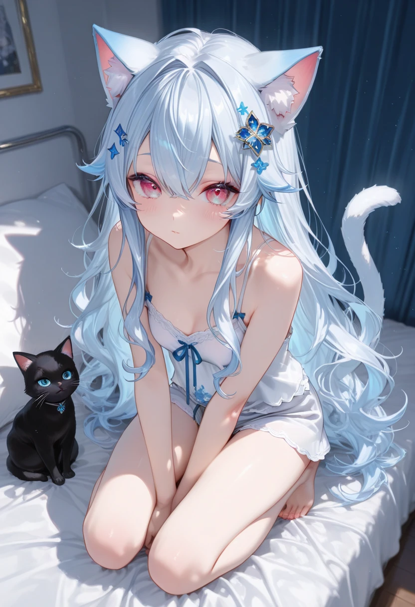 high quality, masterpiece, ultra-detailed, 1girl, solo, peaceful expression, beautiful and cute, shiny skin, enchanting blue eyes, long white hair, cat ears, cat tail, big breasts, white lingerie, frills, bows, laying on bed, bedroom, balloons