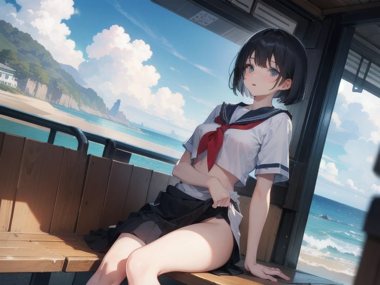 (short cute girl，small young student，young delicate girl）,（masterpiece，Top quality)，school uniform，black medium bob，belly button，sleepy