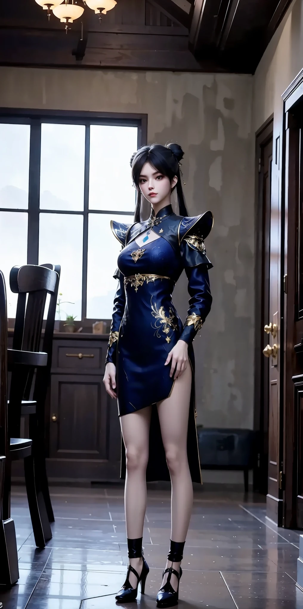 Young Asian Woman、Long hair updo、Red kanzashi、Captivating look、Heavy earrings
