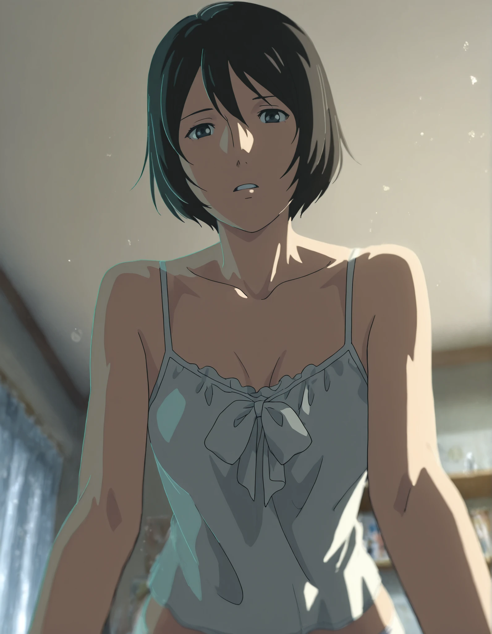 masterpiece, , absurdres, highres, detailed background, high resolution, masterpiece, necessary, detail, best quality, quality, necessary, details, High details, Precise, indoors ,( bedroom, blurry background,(from below), ,
1girl, (type-moon,) style, koyama hirokazu style, white camisole, white satin panties, (undressing clothes:1.3),
tall girl, mature, 1girl ,solo ,yukino yukari ,black hair ,short hair ,hair between eyes ,black eyes, Alice_Uniform, looking at viewer ,small breasts,