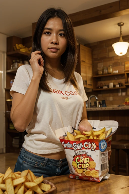 Female supermodel. Pastel red T-Shirt. Blue jeans. Dim, soft lighting. Sunset. Sunset. Kappabashi Kitchen Tools Street, Tokyo, Japan.
