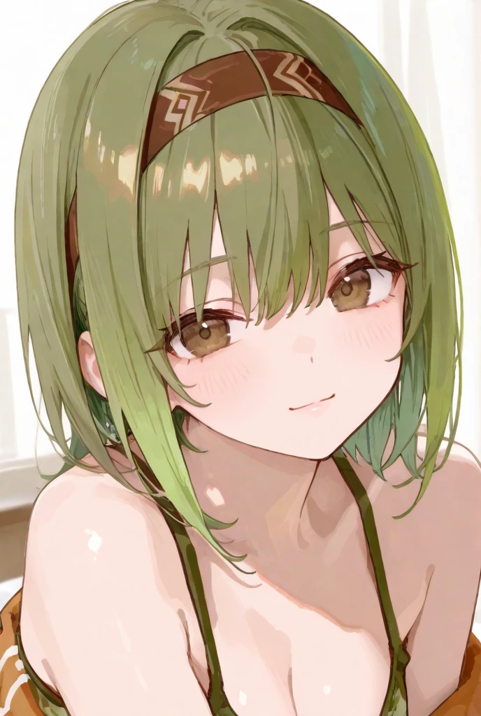 nsfw,Completely naked,{Lying in bed}Viewer Perspective,Small breasts,highest quality, girl, alone, Kilo,Prone,{Head resting on the pillow}, Green Eyes, Green Hair, Long Hair, hair band, masterpiece,High resolution,Embarrassed smile,Mouth closed,Watery eye