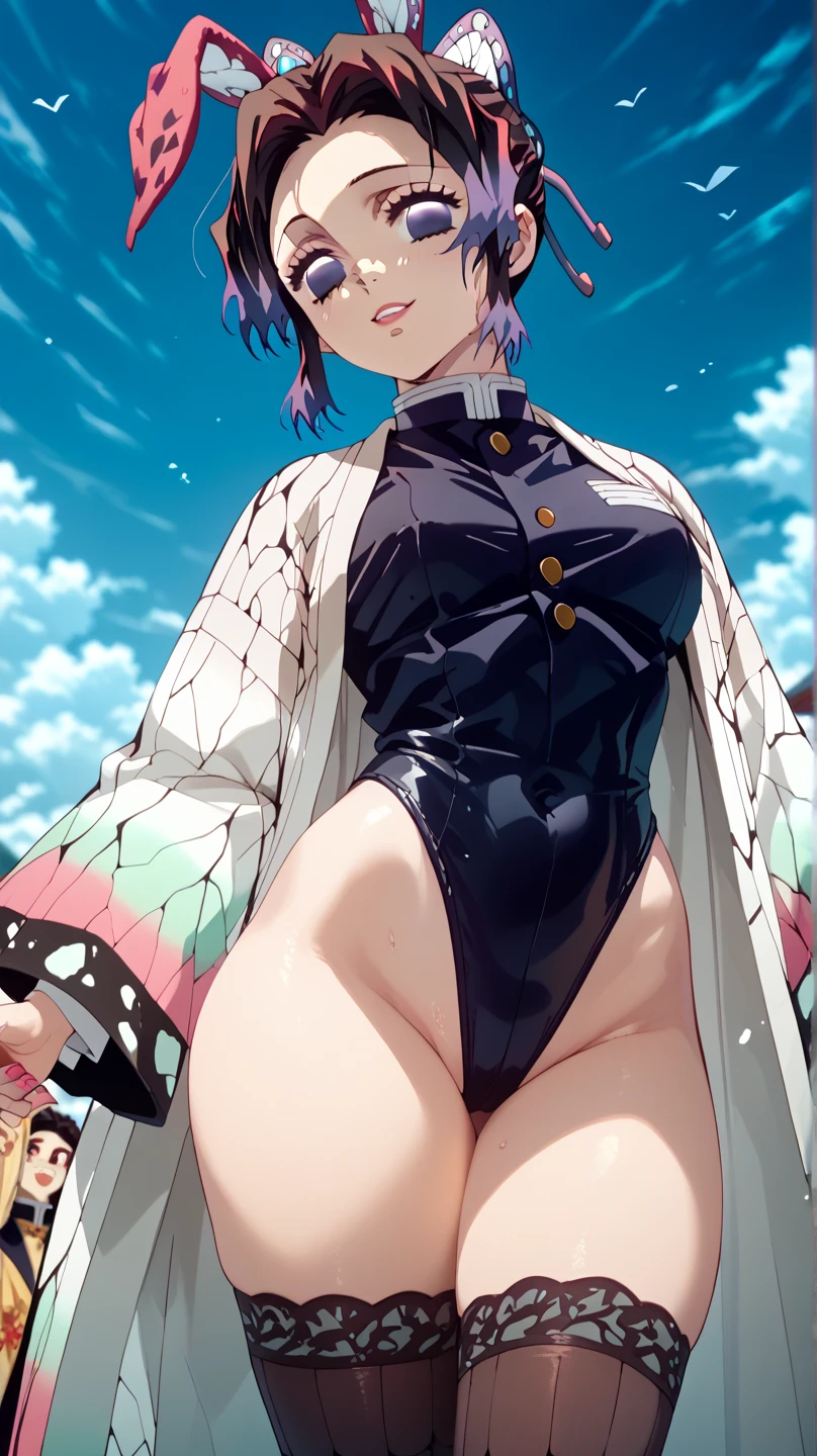 absurdres, highres, ultra detailed, (1 girl:1.2), (huge_breasts:1.2), unity 8k wallpaper, Dynamism,cinematic shot, intricate details,Plump body、abs,Raise your arms to show your sides、Shinobu Kocho、Demon slayer、squat、Eyes closed、On all fours、Sagging breasts、dark tan skin:1.8、Micro Bikini、Underwear with butterfly patterns、Close-up、