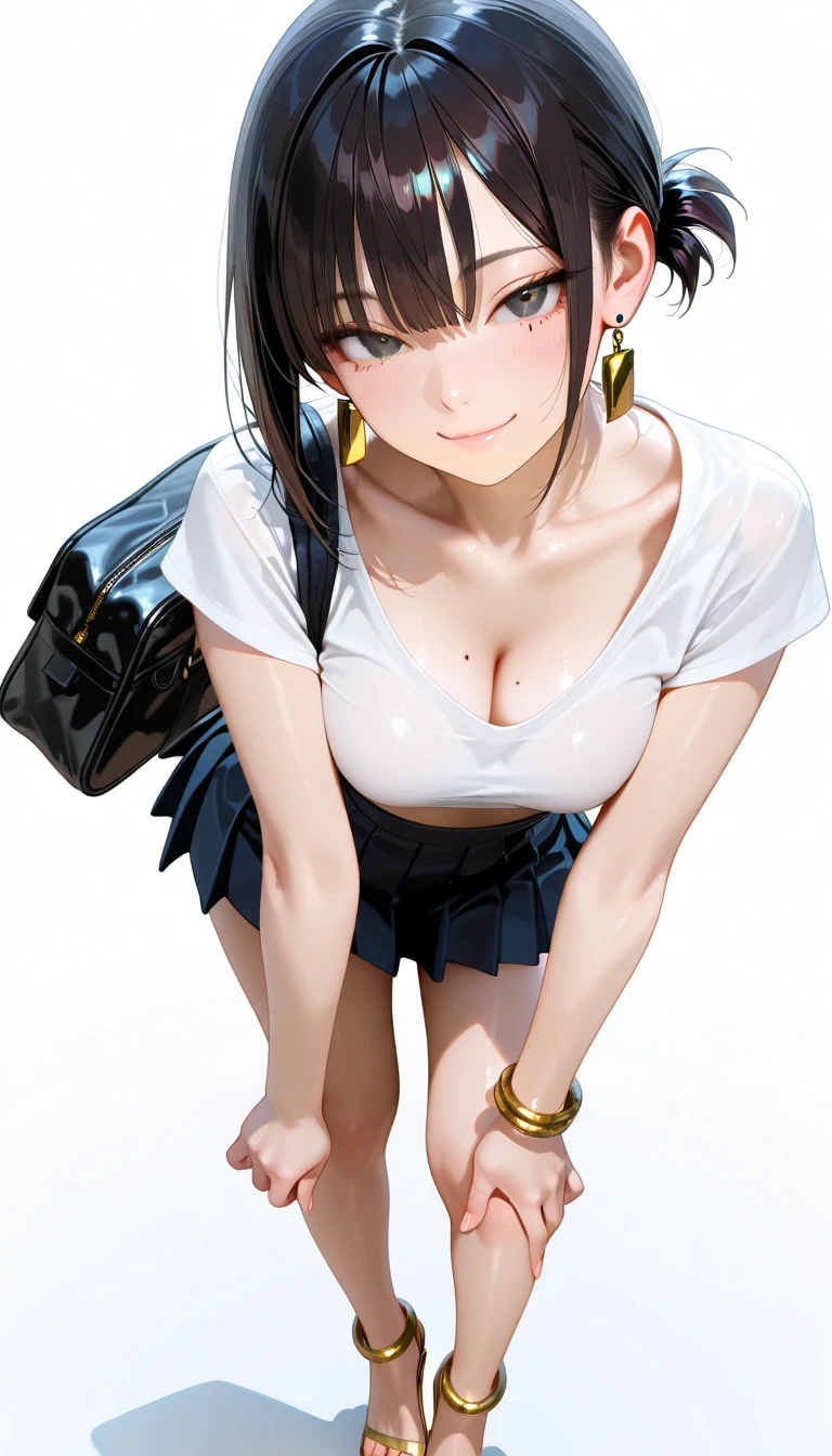 1girl, solo, white polo shirt, white sneakers, tennis wear, white miniskirt, masterpiece, best quality, realistic, hyper-detailed, (shiny skin, sweaty:1.4), absurd, looking at viewer, short black hair, brown eyes, slender, dynamic lighting, high resolution, sharp focus, depth of field, detailed eyes, sharp pupils, realistic pupils, (small breasts:1.6), (thick thighs:1.0), outdoor, sky