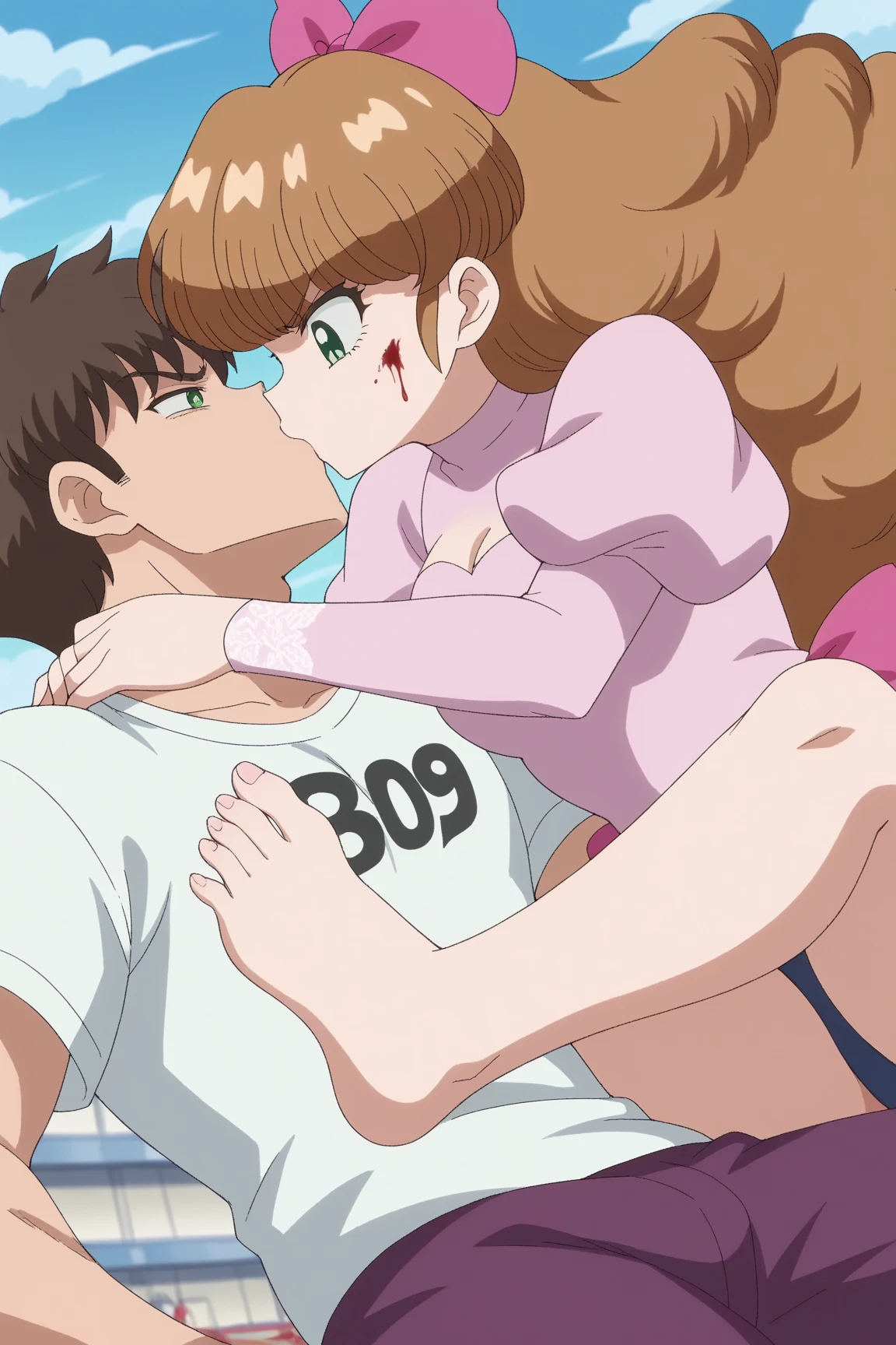 score_6_up, best quality, anime screencap, 1girl, clear face, ochako uraraka, brown eyes, brown hair, short hair, big breasts, embarrassed_female, bedroom, pink bra, pink pantie, looking at viewer, navel, thighs, from front, sitting on bed, 1boy, faceless male, male face out of frame, size difference, (hand in panties), fingering from behind, arms behind head, orgasm