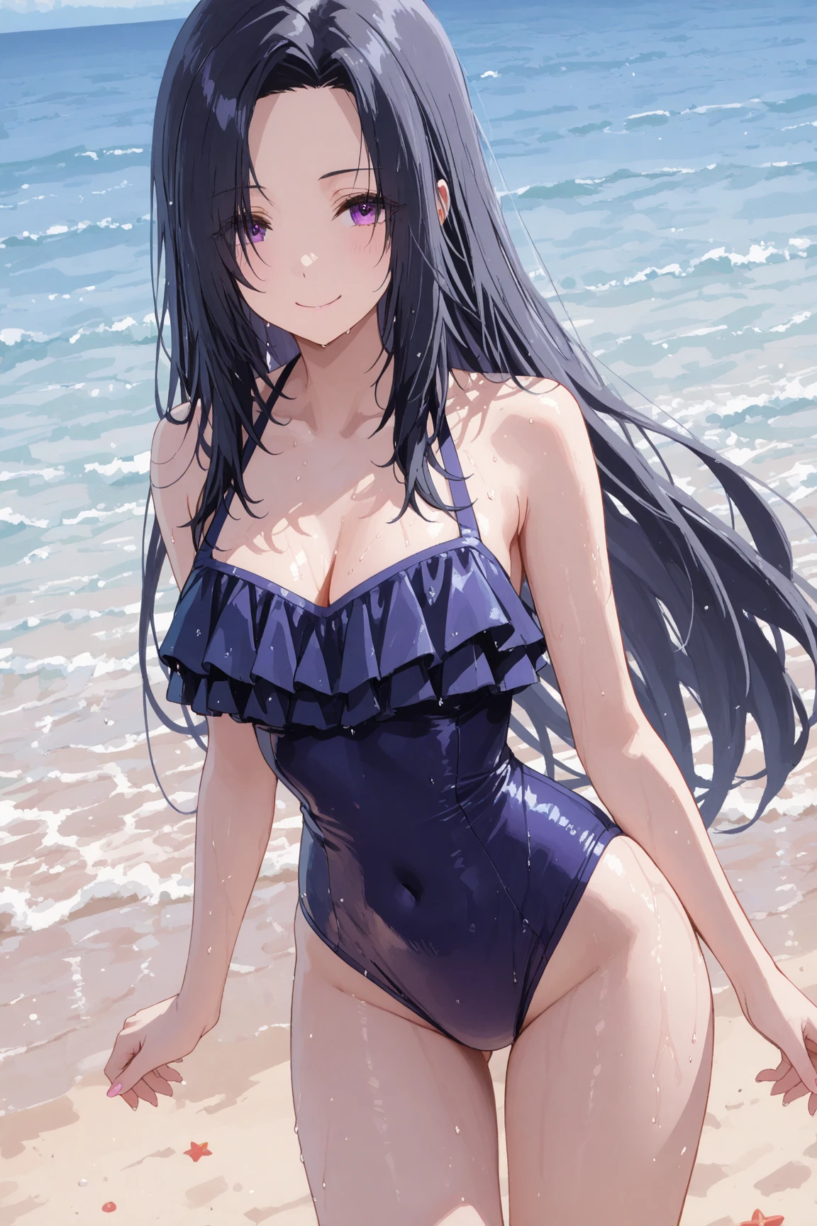 dark blue hair,,long hair,blue eyes,pointy ears,elf,school swimsuit,tied up